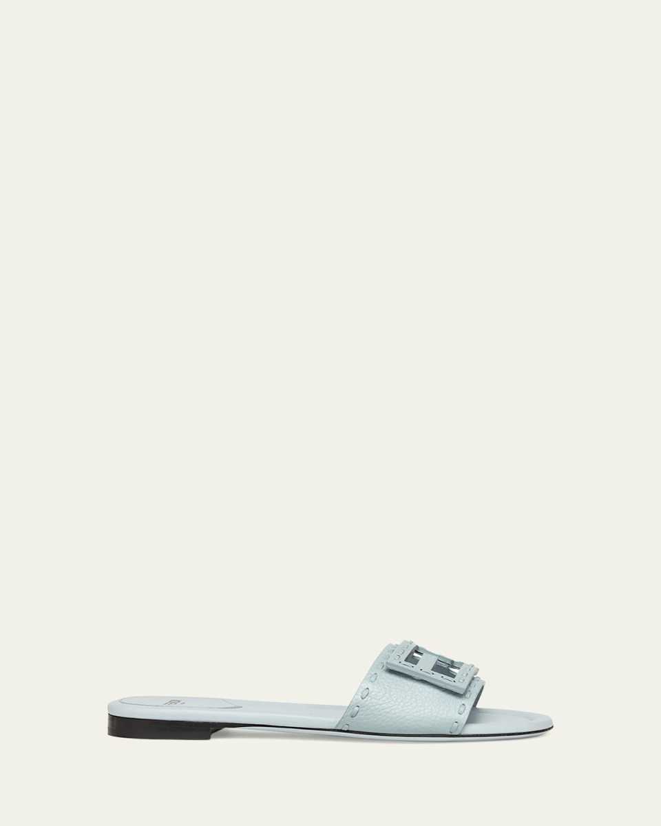 Baguette FF Leather Buckle Flat Slide Sandals